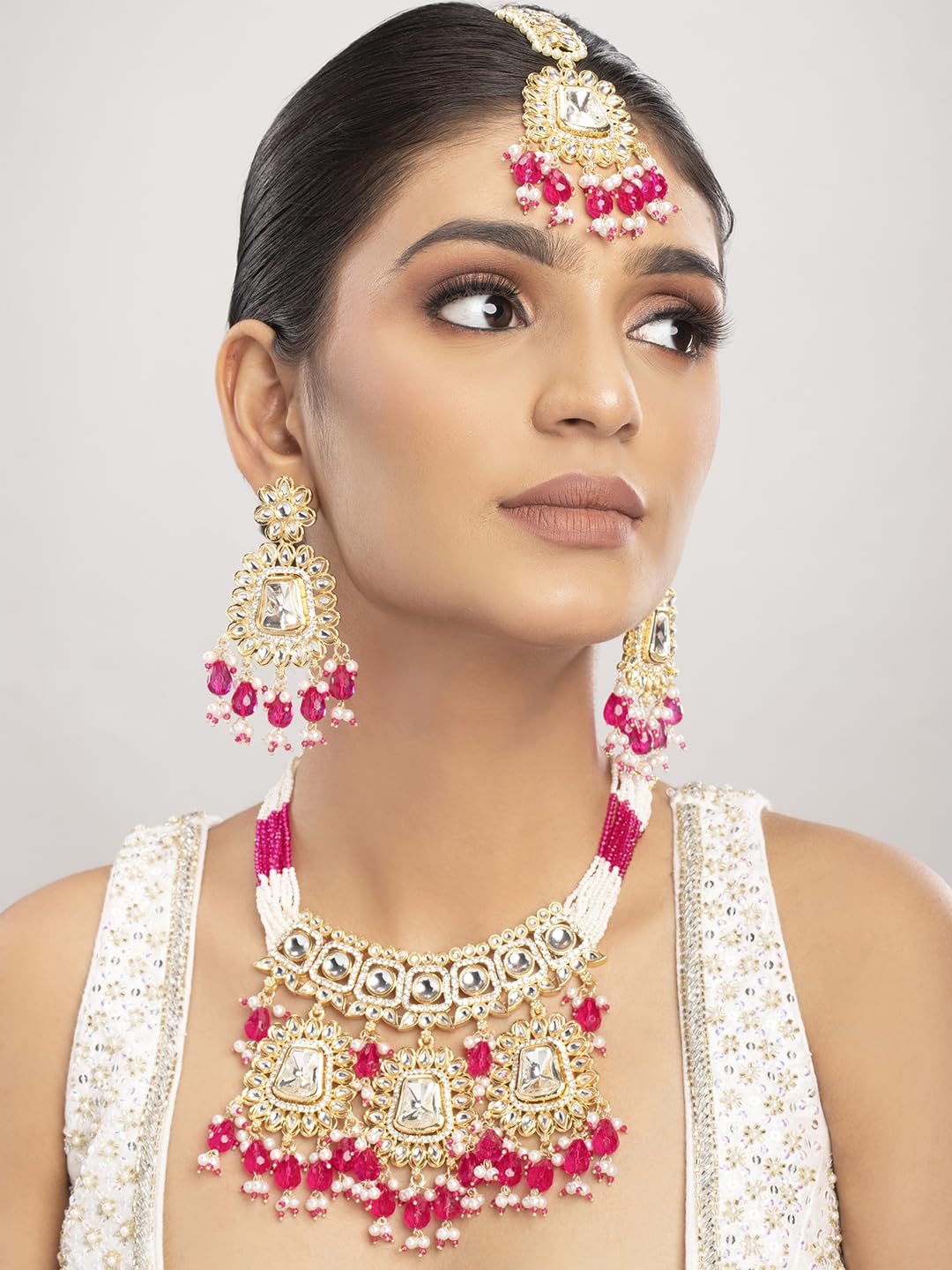 Gold Plated Pink Beaded Poki Jewellery Set with Maangtika